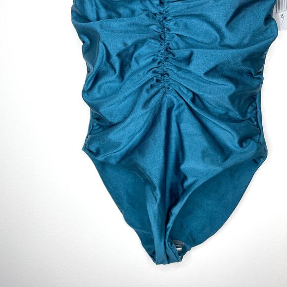Jade Swim Yara Strapless Shirred One Piece Swimsuit In Teal Shimmer Size XS New - Picture 5 of 11